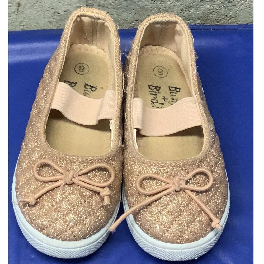 Girls‎ Rose Gold Glitter Ballet Flats with Bow fancy sparkle sneakers Size 8